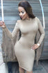 Sexy Khaki Suede Fringed Long Sleeves High Neck Midi Dress